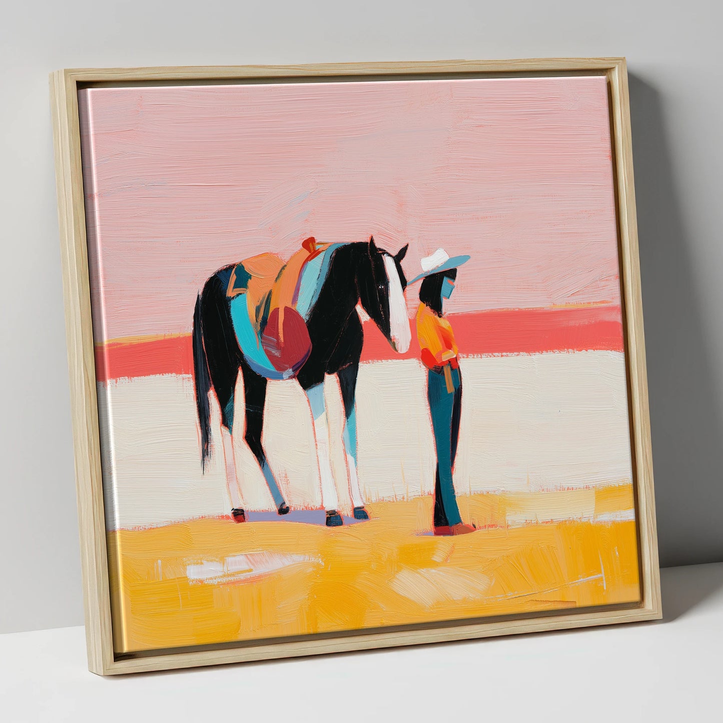 Painted Desert Rider western horse canvas wall art in natural frame