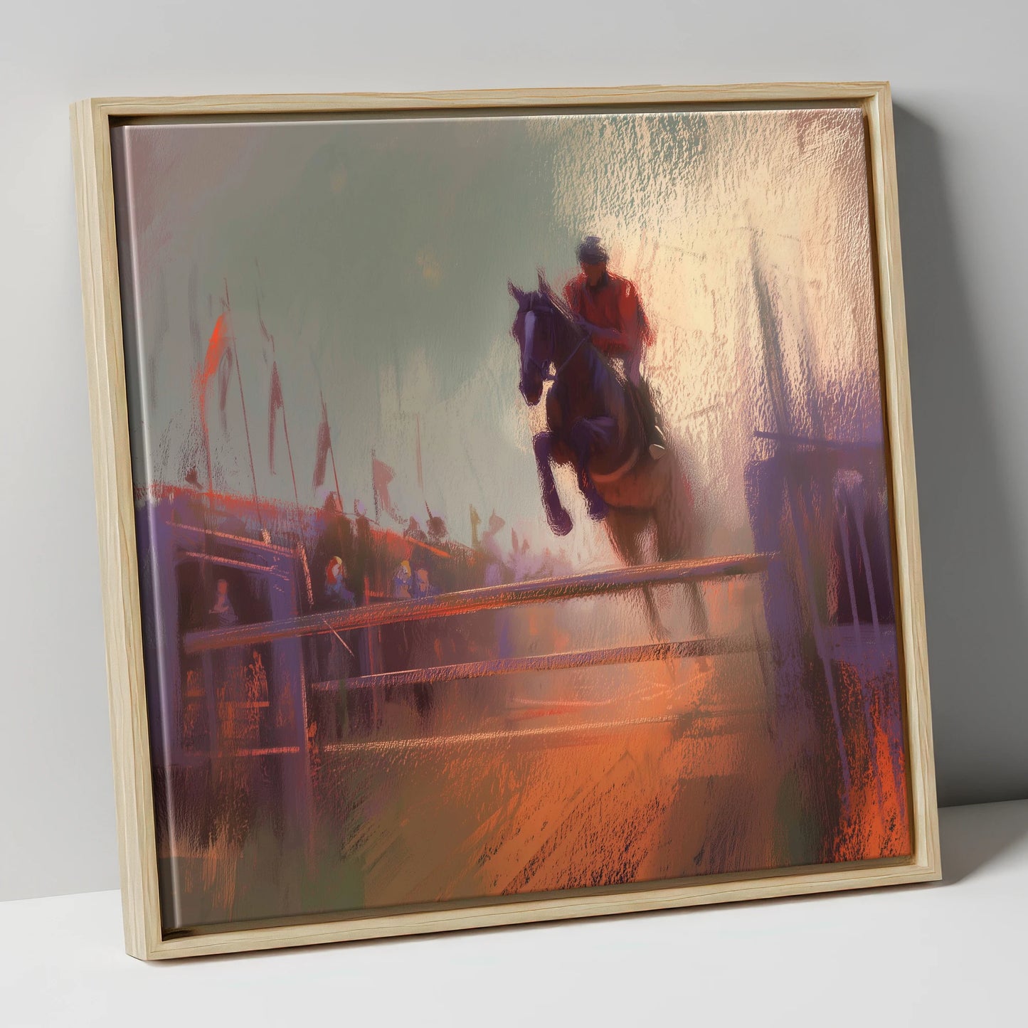 The Final Fence show jumping horse canvas wall art in natural frame