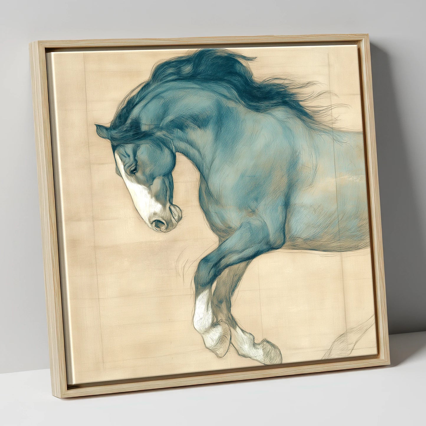 Study in Teal horse portrait canvas wall art in natural frame