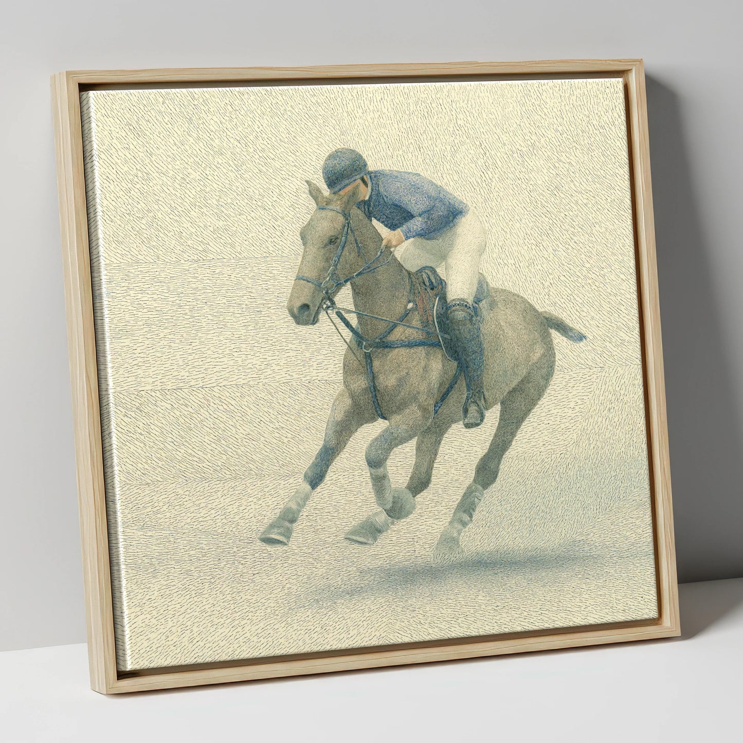 Chukka in Slate Blue polo horse canvas wall art in natural frame
