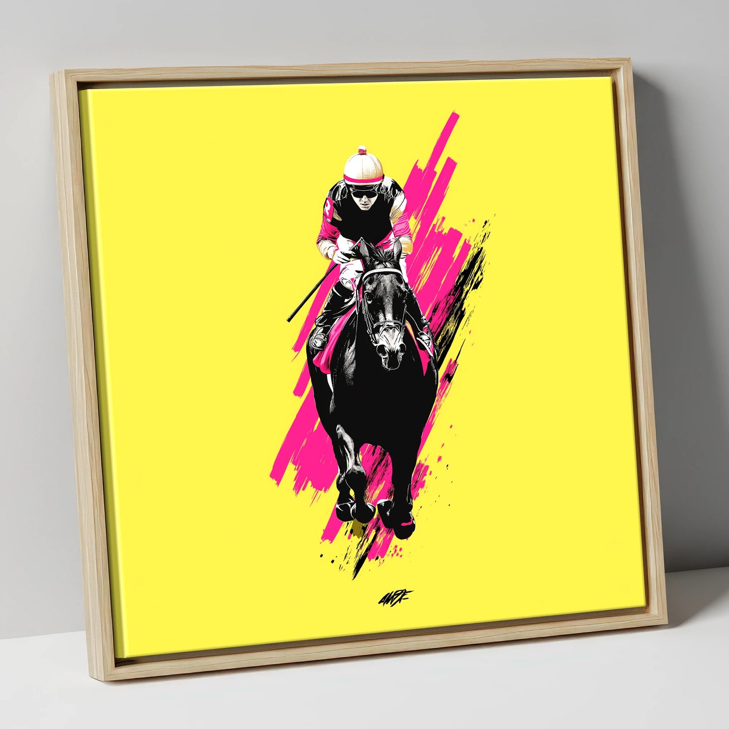 The Front Runner racing horse canvas wall art in natural frame