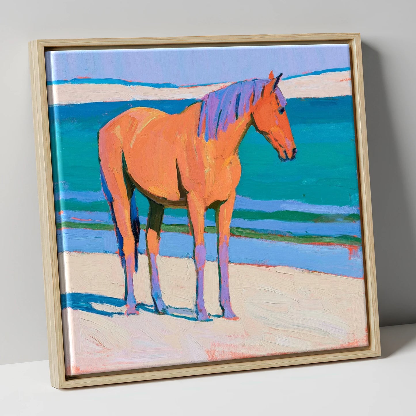 Vivid Coastal Equine horse landscape canvas wall art in natural frame