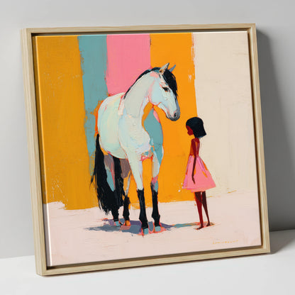 A Colourful Bond horse & rider canvas wall art in natural frame