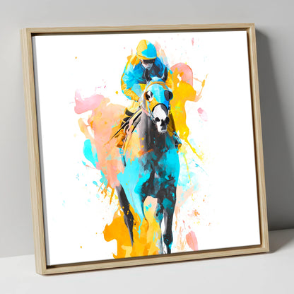Vibrant Front Runner racing horse canvas wall art in natural frame