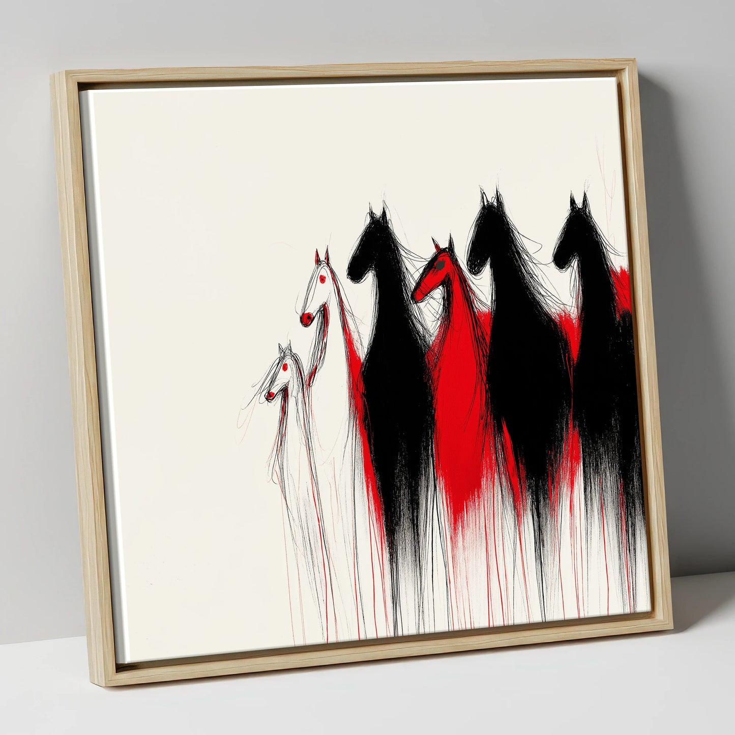 Crimson Herd Silhouettes wild horses canvas wall art in natural frame