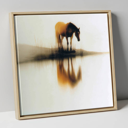Amber Mist Reflection horse landscape canvas wall art in natural frame