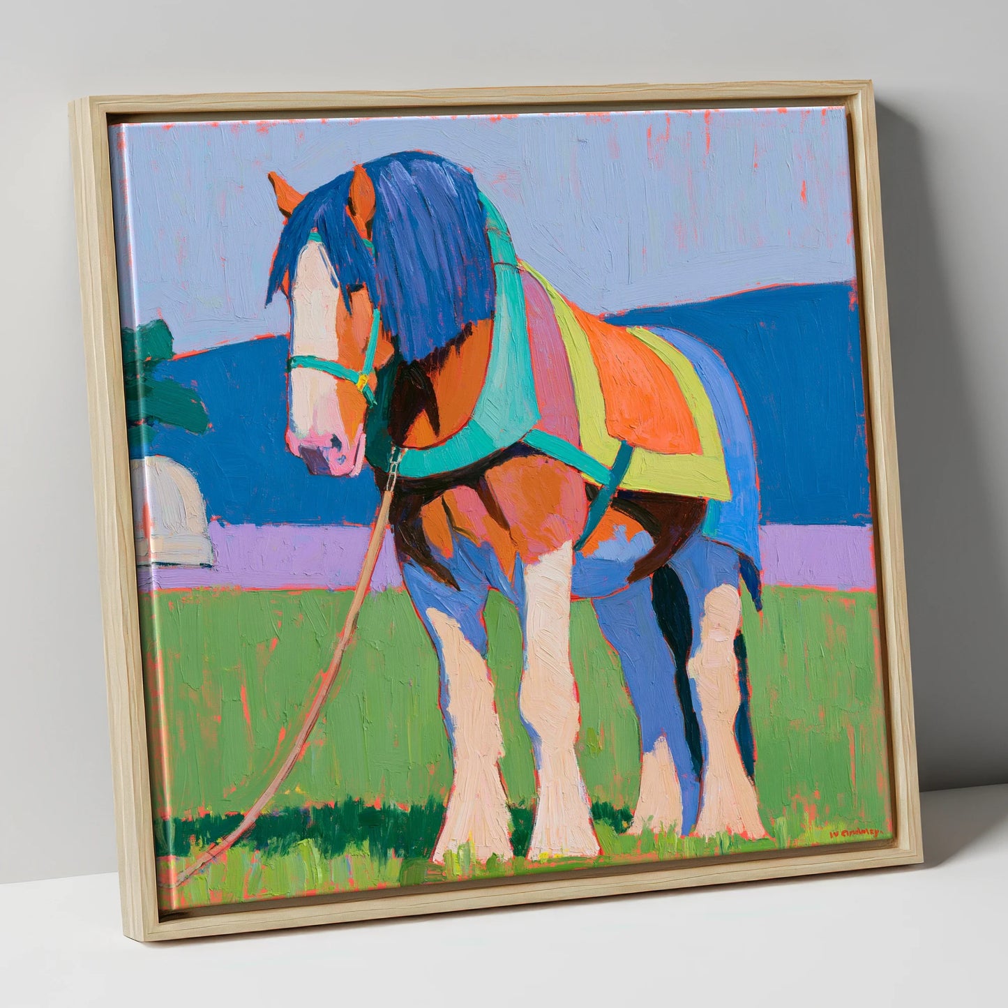 Colourful Heavy Horse In Harness horse breed canvas wall art in natural frame