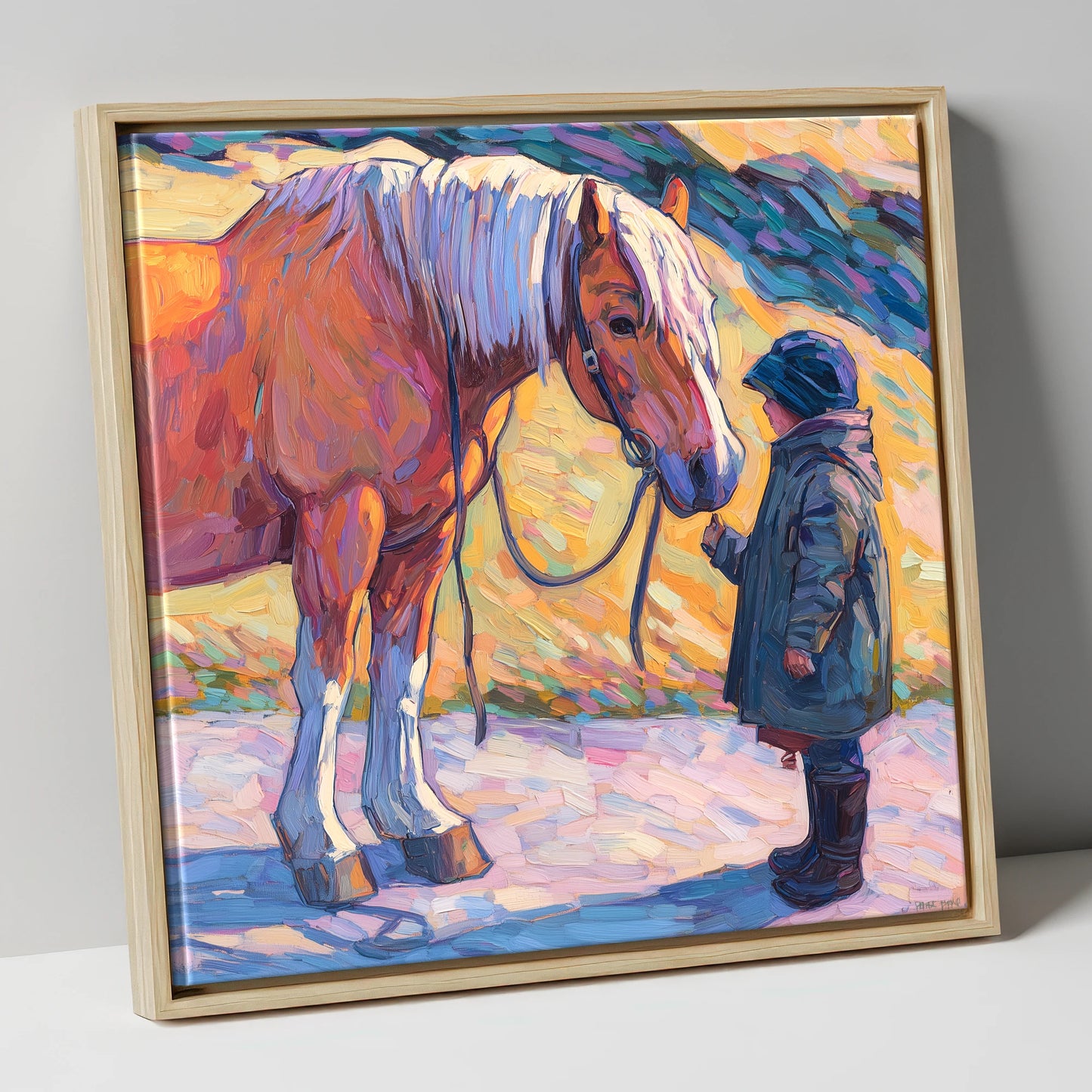 A Gentle Exchange horse & rider canvas wall art in natural frame