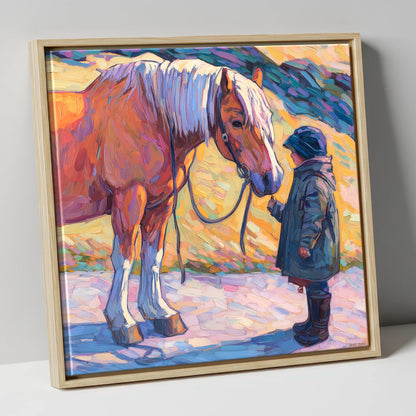 A Gentle Exchange horse & rider canvas wall art in natural frame