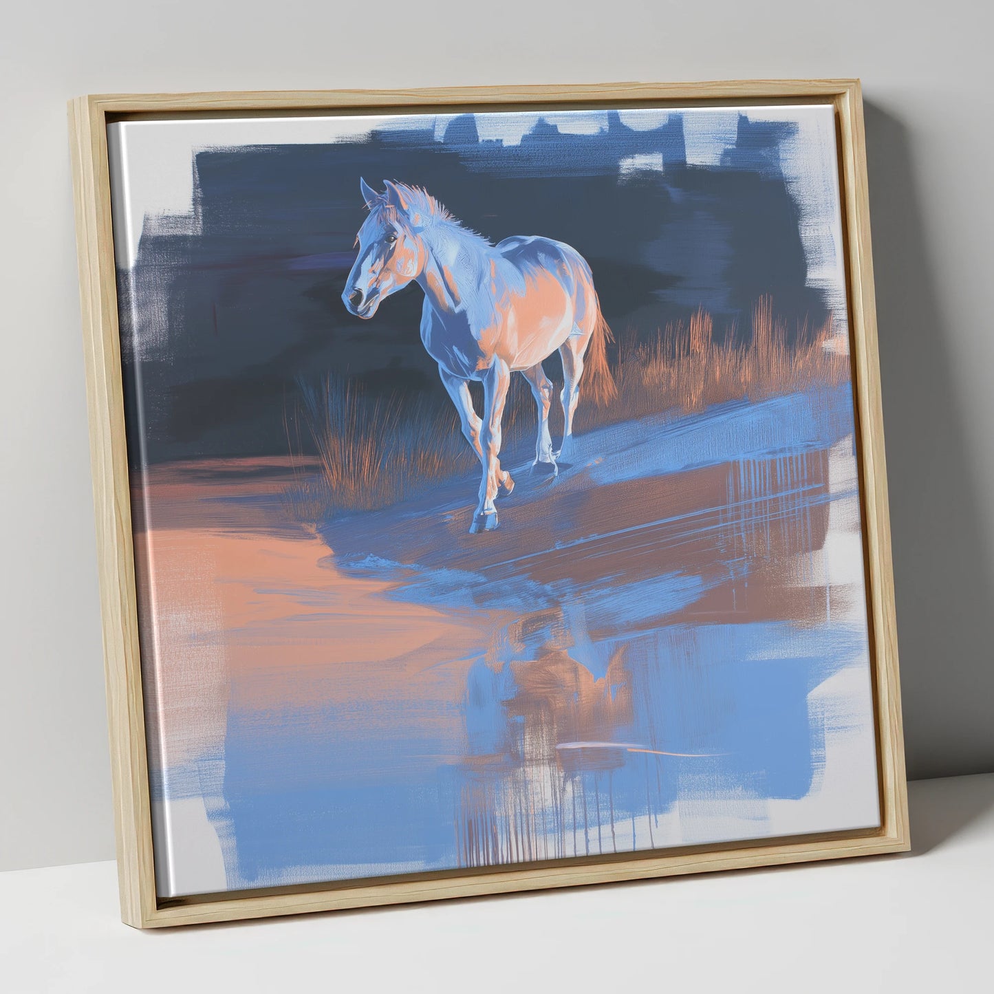 Cobalt Dawn Crossing horse landscape canvas wall art in natural frame