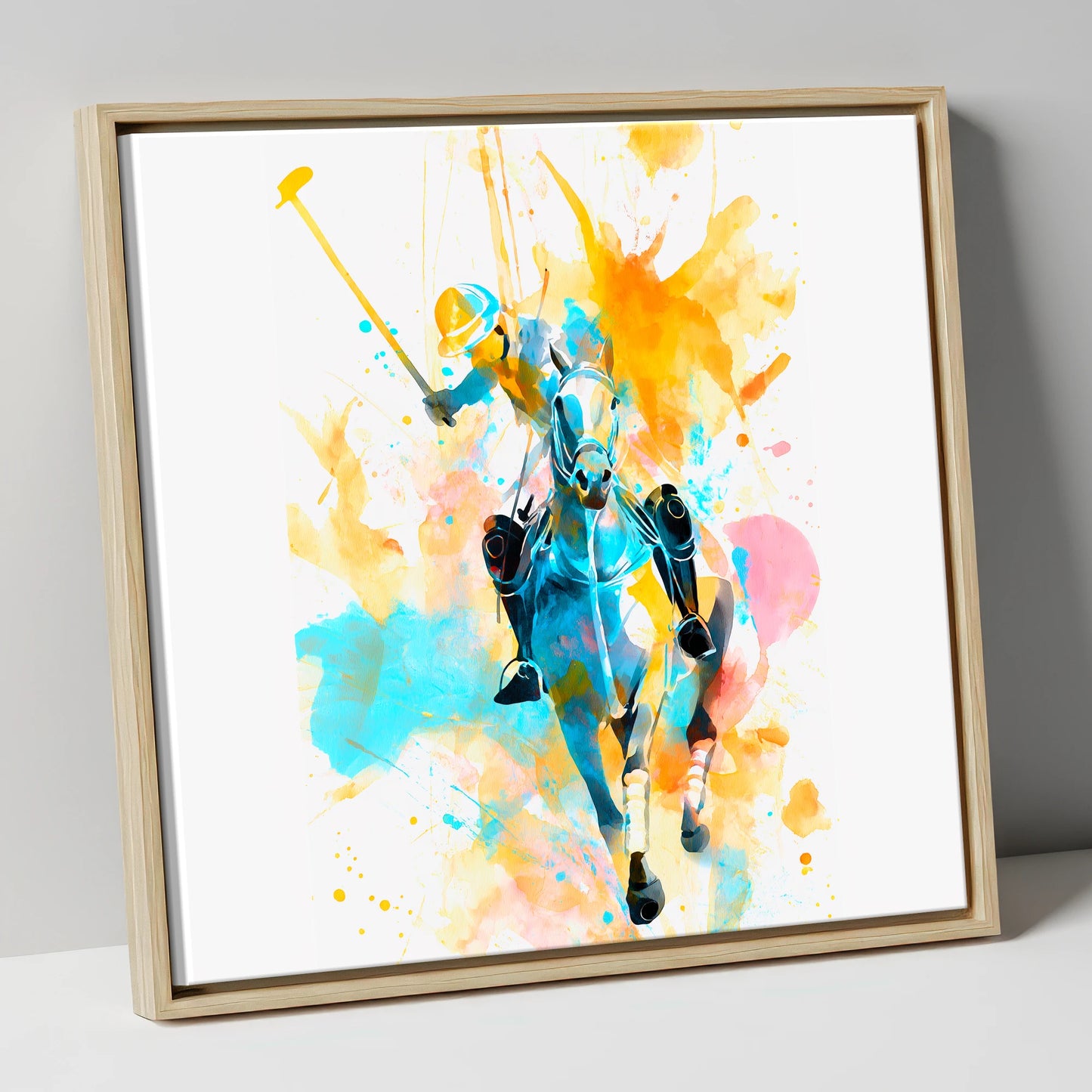 The Decisive Strike polo horse canvas wall art in natural frame