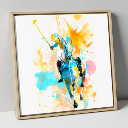 The Decisive Strike polo horse canvas wall art in natural frame