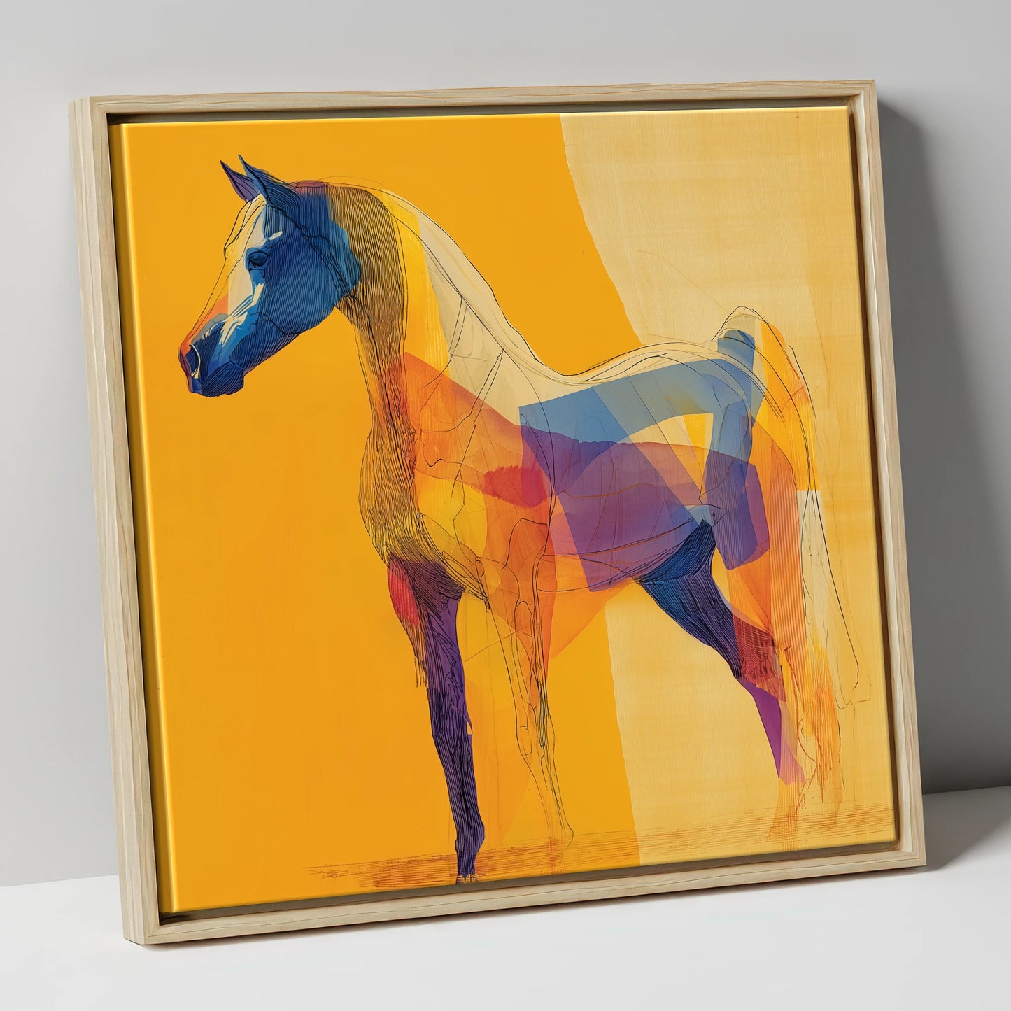 Prismatic Arabian Silhouette horse breed canvas wall art in natural frame