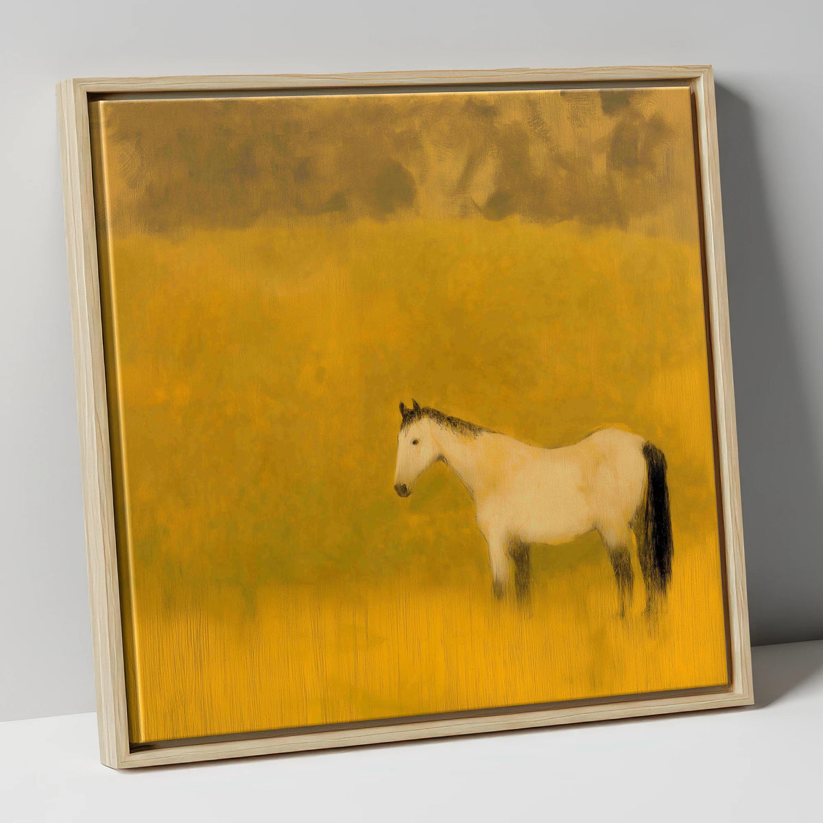 Golden Silence horse landscape canvas wall art in natural frame