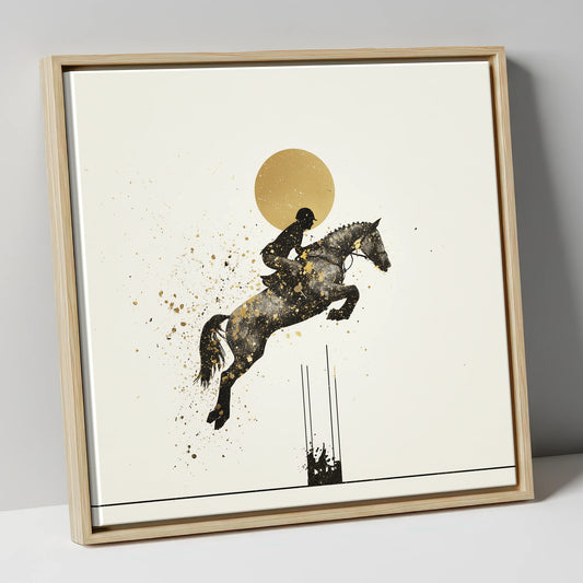 Golden Arc Showjumper show jumping horse canvas wall art in natural frame