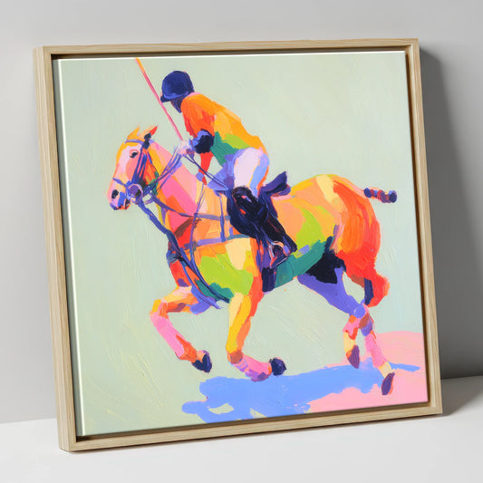 Technicolour Polo Stride polo horse canvas wall art in natural frame