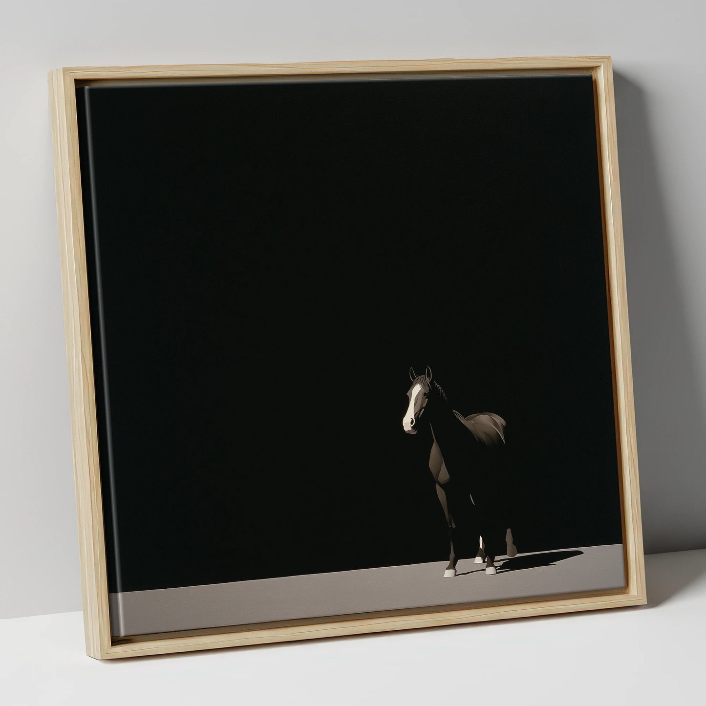 Midnight Solitude horse portrait canvas wall art in natural frame
