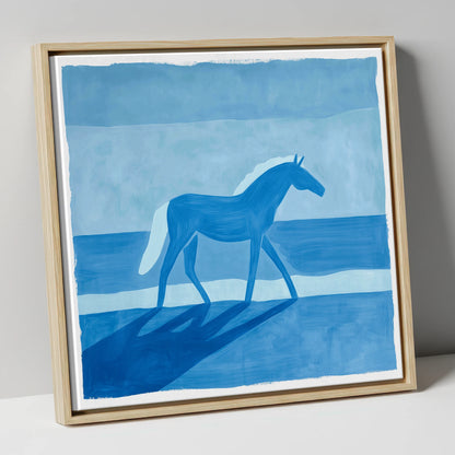 Cobalt Coastal Strides horse landscape canvas wall art in natural frame