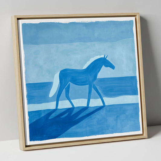 Cobalt Coastal Strides horse landscape canvas wall art in natural frame