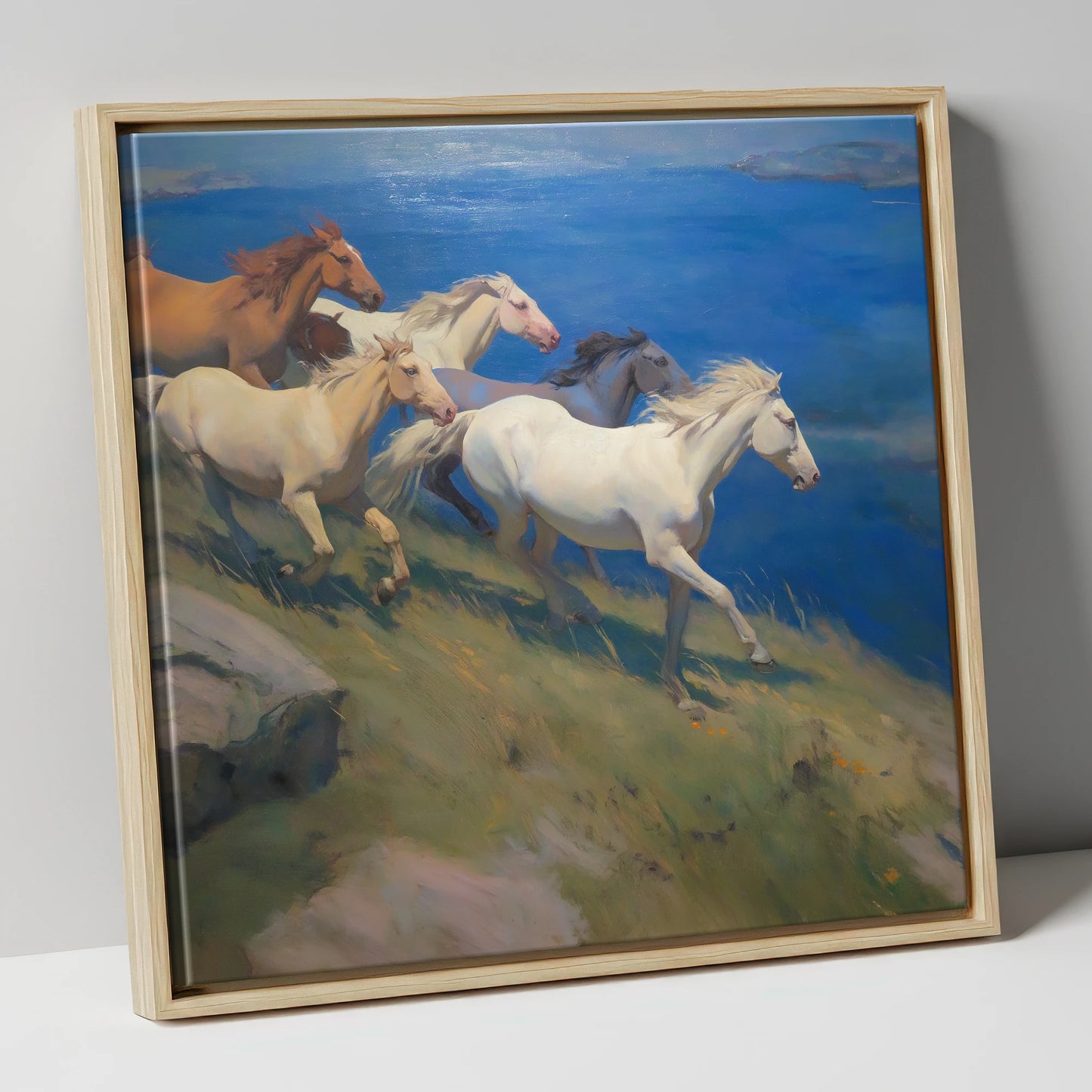 Azure Coastal Gallop wild horses canvas wall art in natural frame