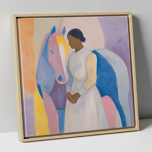 Abstract Equine Harmony horse & rider canvas wall art in natural frame
