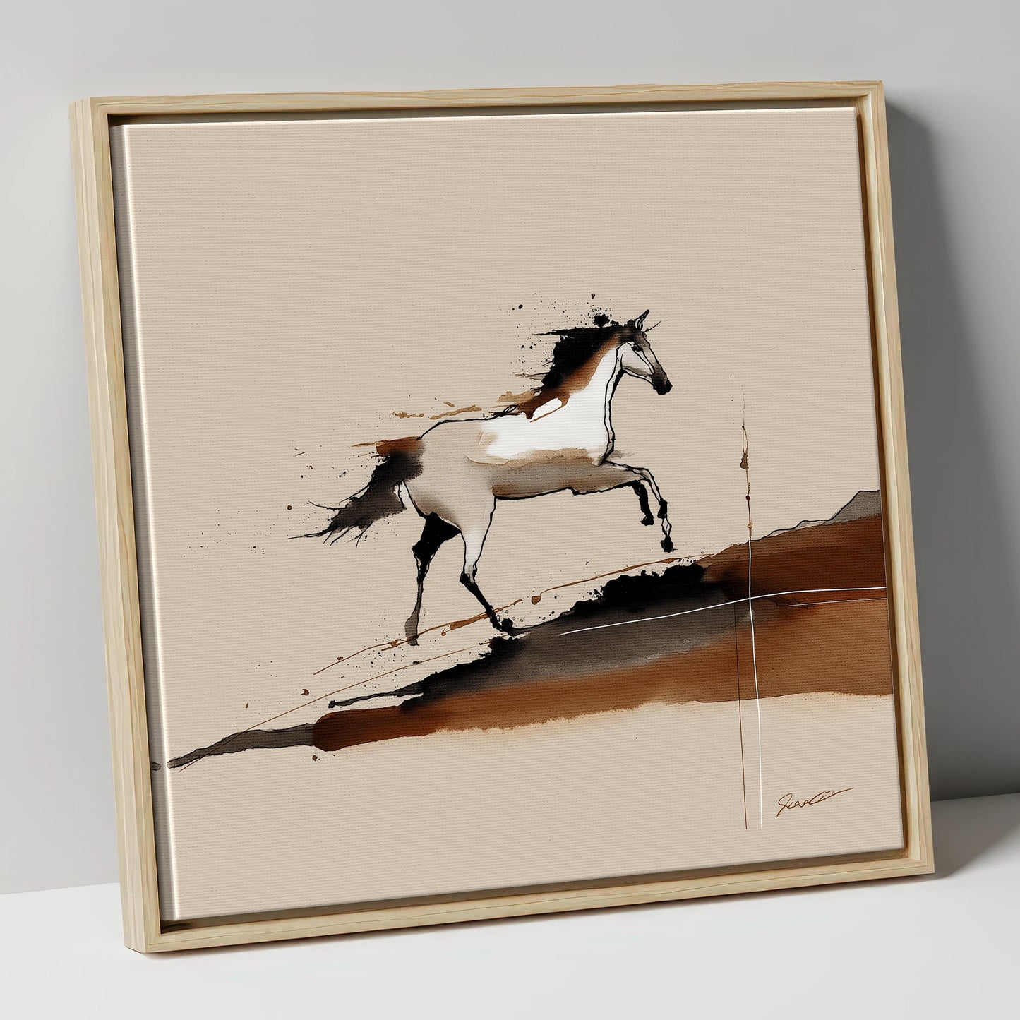 Earthen Canter wild horses canvas wall art in natural frame