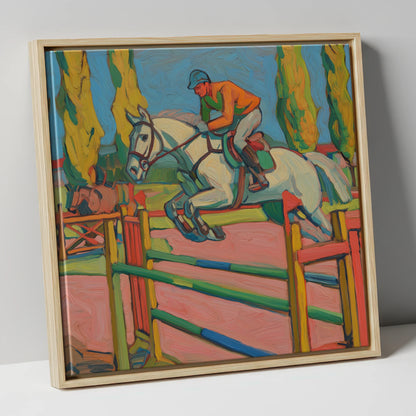 Vibrant Ascent show jumping horse canvas wall art in natural frame