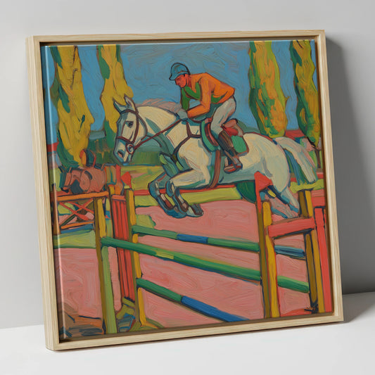 Vibrant Ascent show jumping horse canvas wall art in natural frame