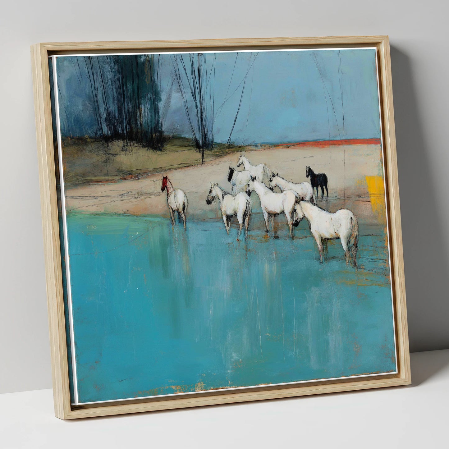 Wading in Teal Shallows wild horses canvas wall art in natural frame