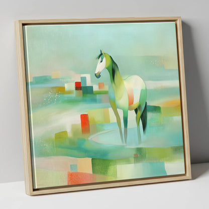 Geometric Coastal Equine beach horse canvas wall art in natural frame