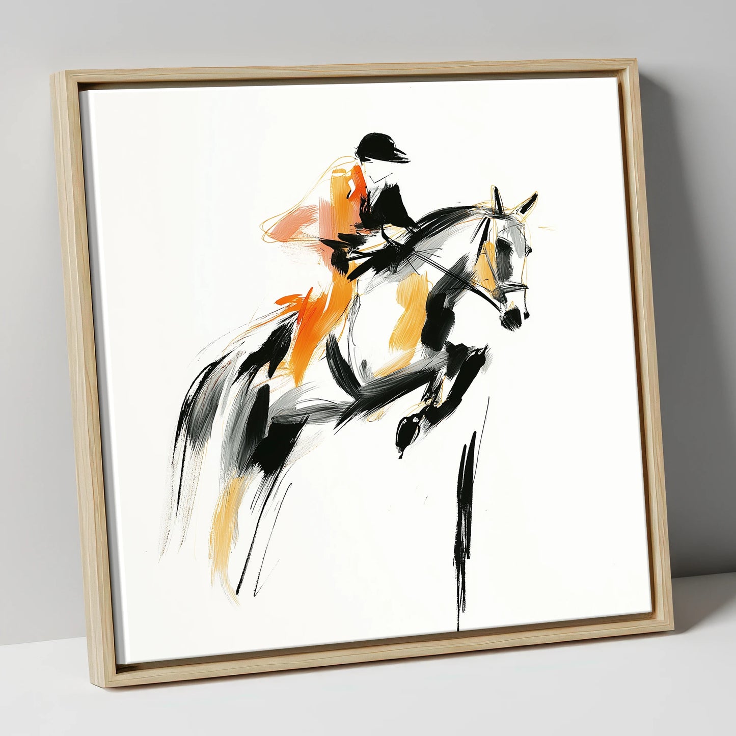 Amber Ascent show jumping horse canvas wall art in natural frame