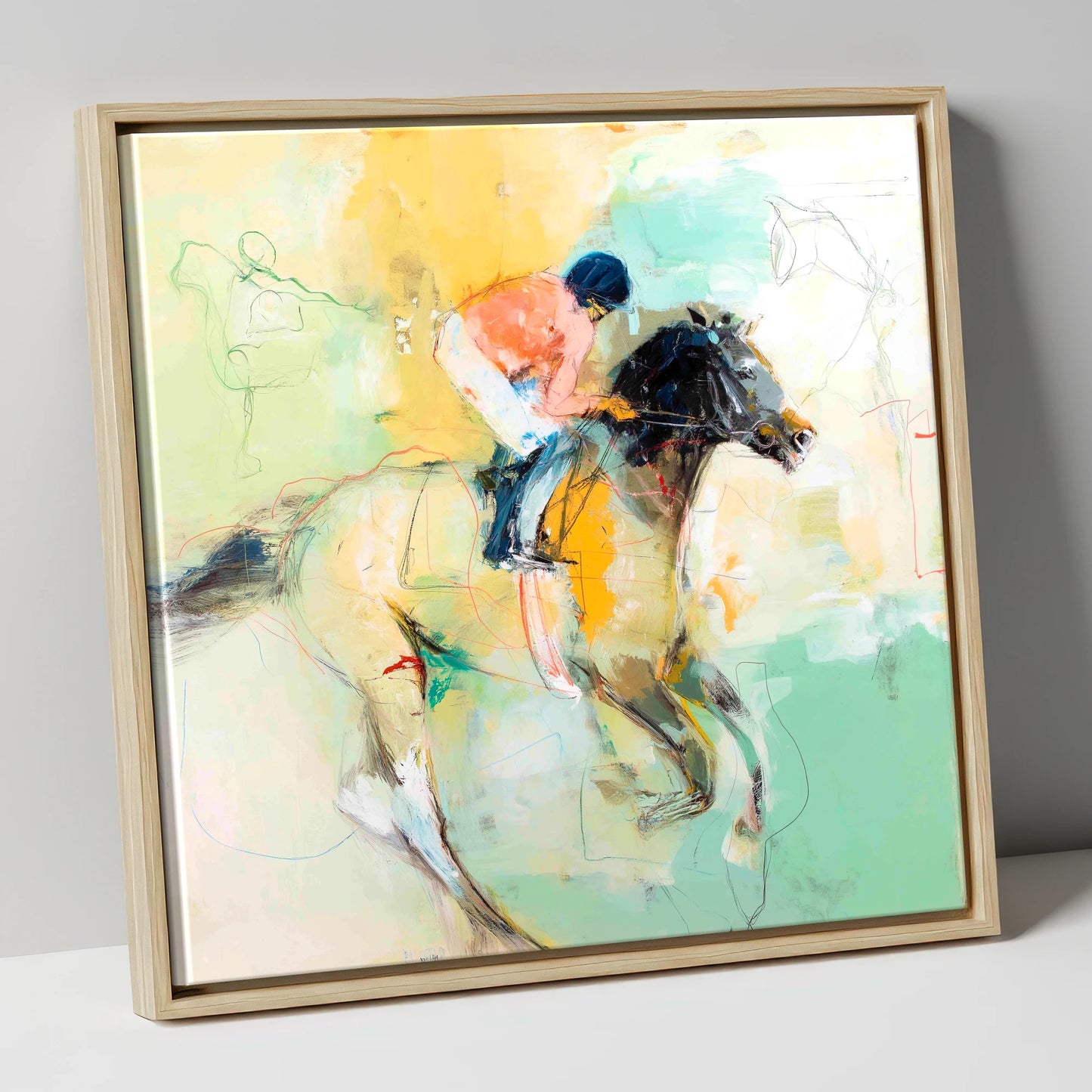 The Driving Finish racing horse canvas wall art in natural frame