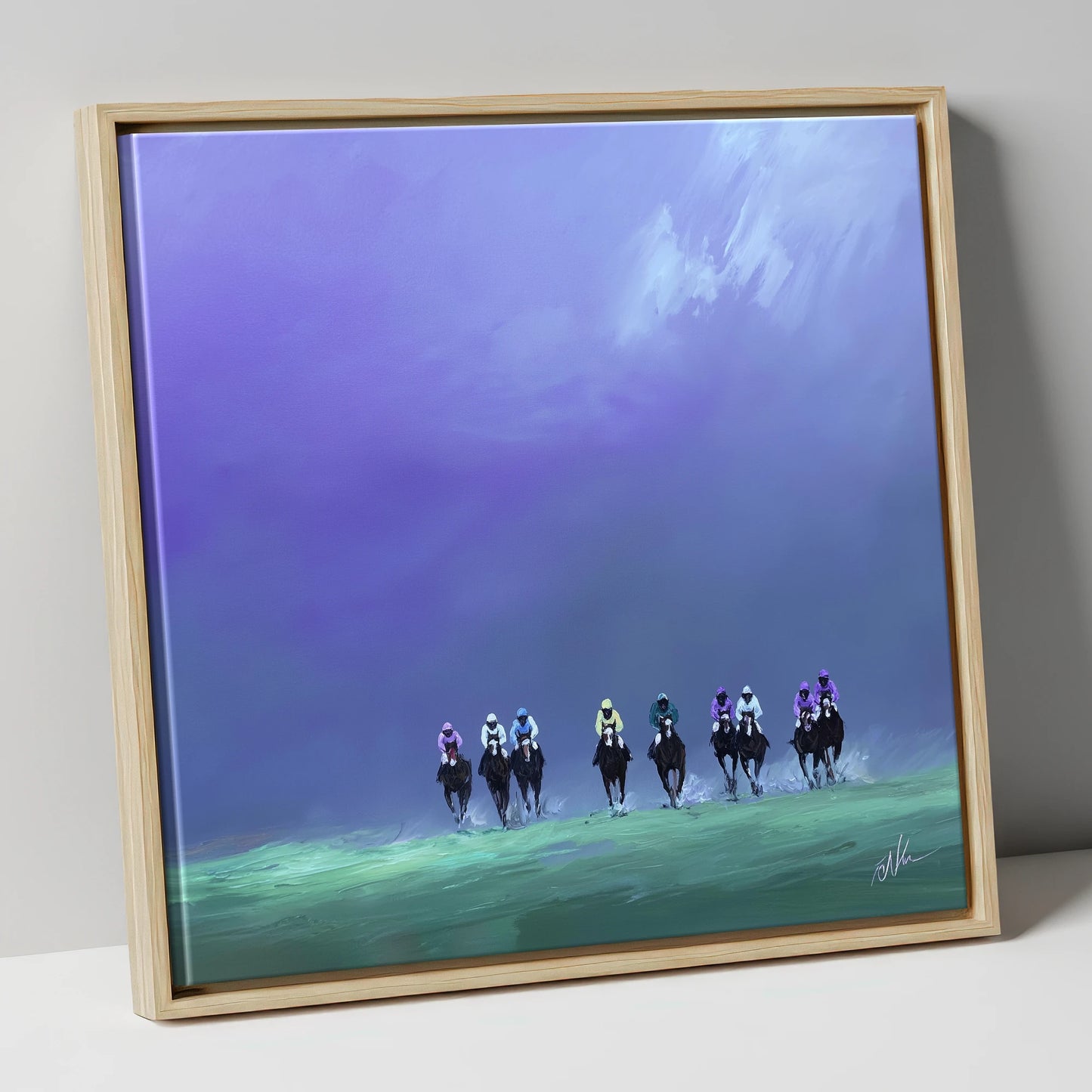 Charge Under Violet Skies racing horse canvas wall art in natural frame