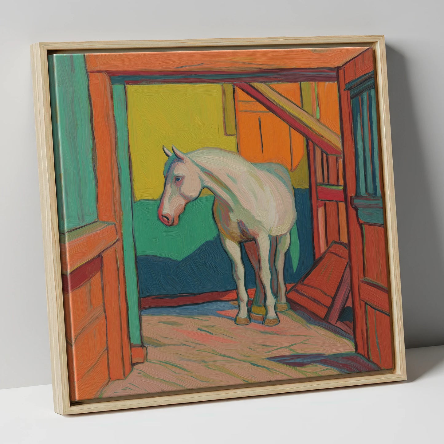 The Vibrant Stable horse stable canvas wall art in natural frame