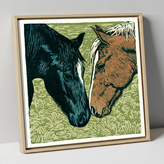Gentle Greeting horse portrait canvas wall art in natural frame