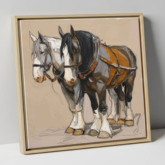 Gentle Giants in Harness horse breed canvas wall art in natural frame