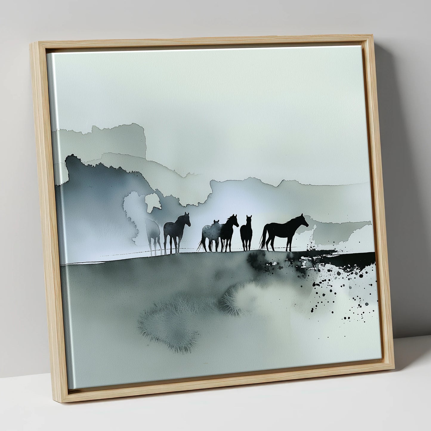 Silent Sentinels of the Mist wild horses canvas wall art in natural frame