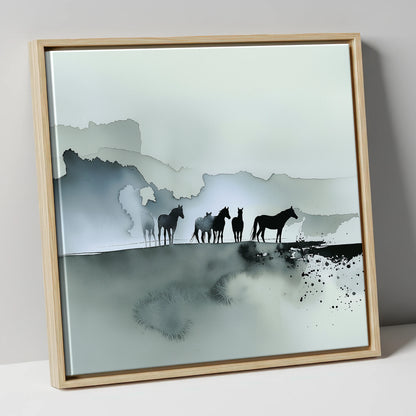 Silent Sentinels of the Mist wild horses canvas wall art in natural frame