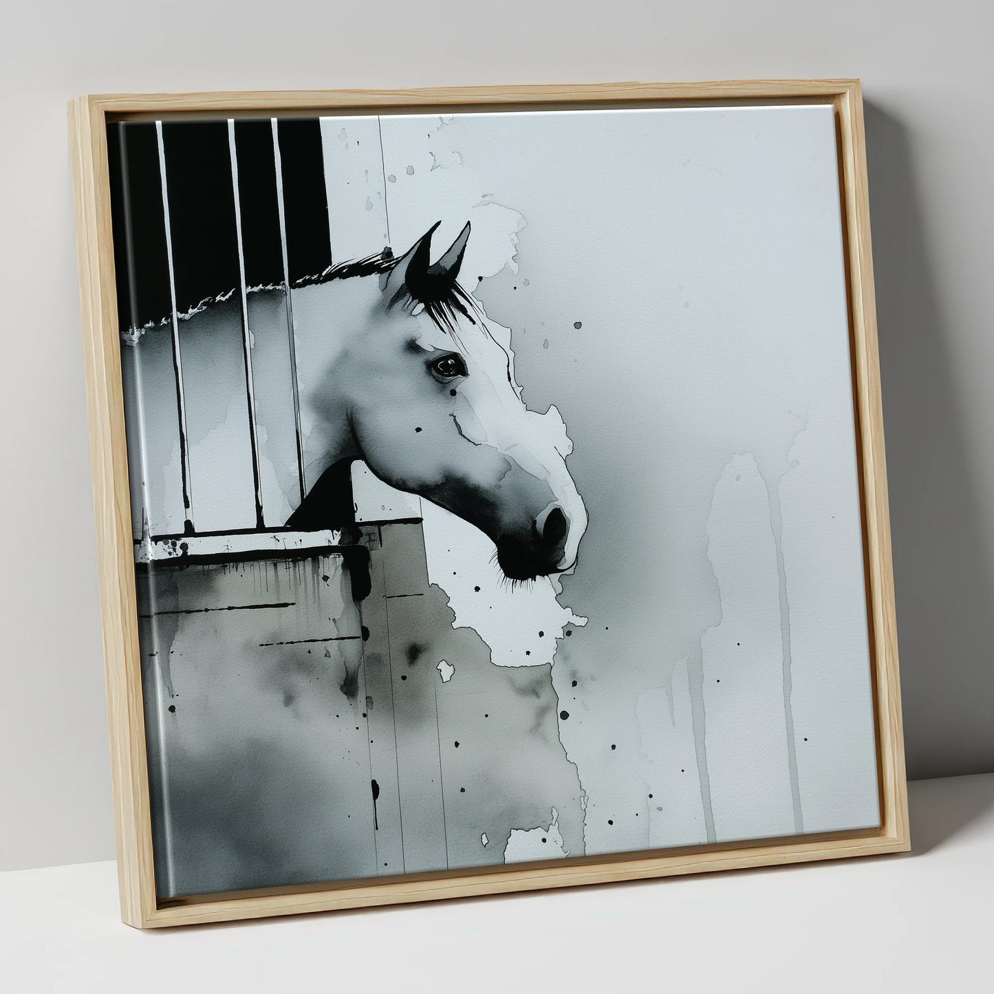The Quiet Watcher horse stable canvas wall art in natural frame