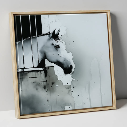 The Quiet Watcher horse stable canvas wall art in natural frame