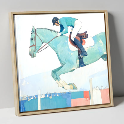 Aquamarine Ascent show jumping horse canvas wall art in natural frame