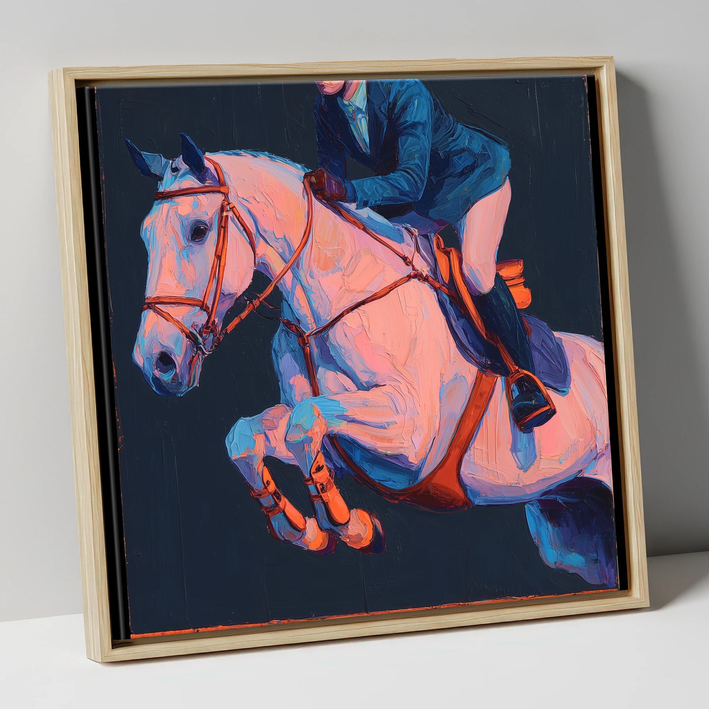 Vibrant Indigo Flight show jumping horse canvas wall art in natural frame