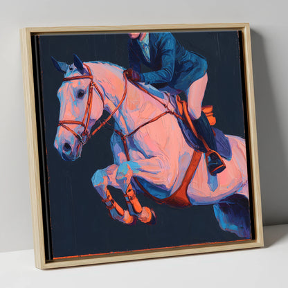 Vibrant Indigo Flight show jumping horse canvas wall art in natural frame