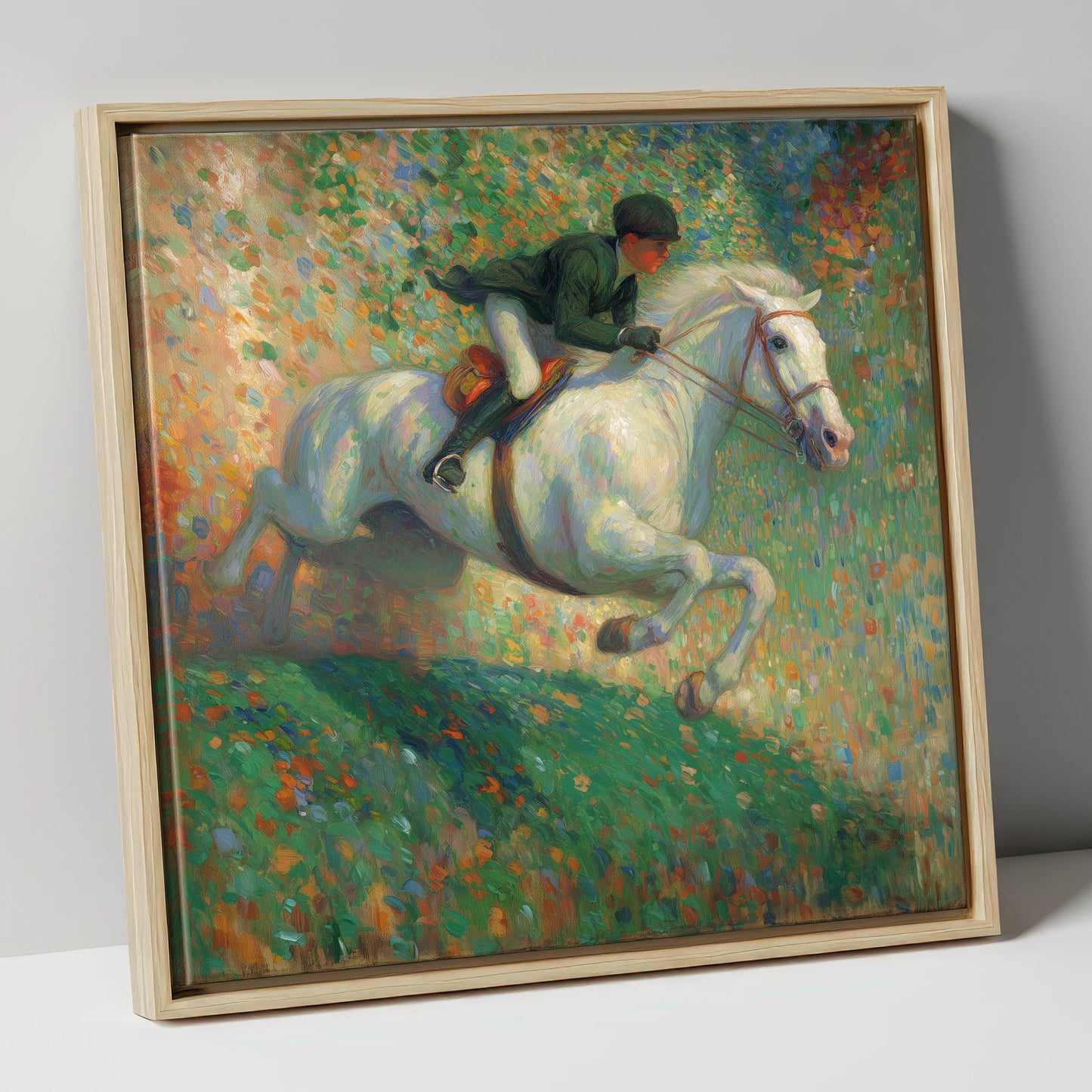 The Painted Leap show jumping horse canvas wall art in natural frame