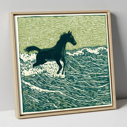 Wild Coastal Canter beach horse canvas wall art in natural frame