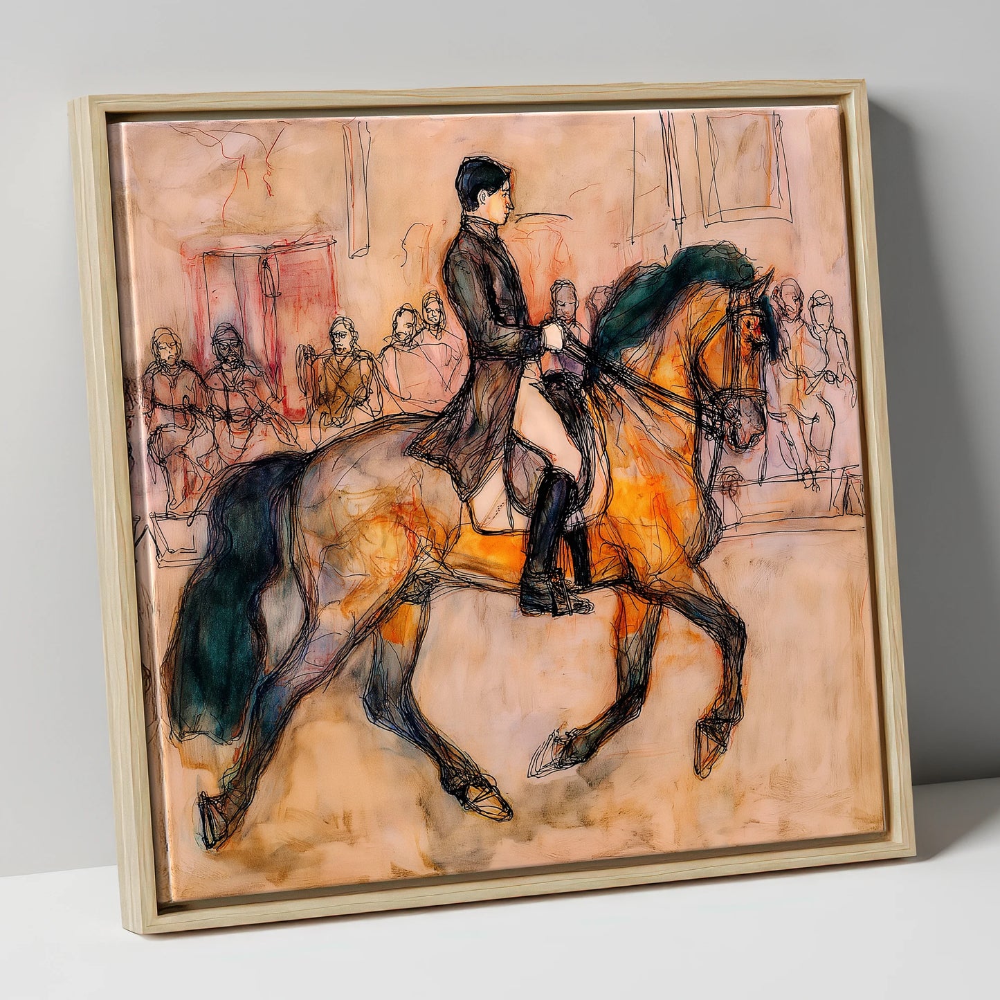Classical Cadence dressage horse canvas wall art in natural frame