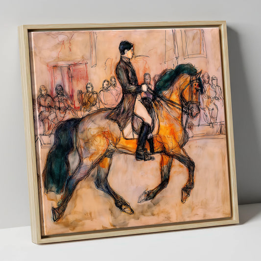 Classical Cadence dressage horse canvas wall art in natural frame