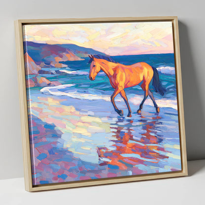 Vibrant Coastal Stride horse landscape canvas wall art in natural frame