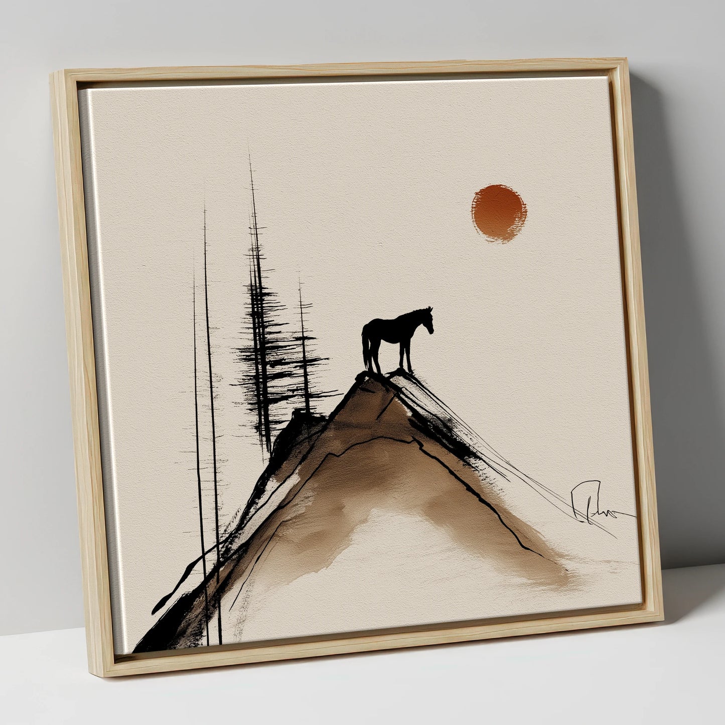 The Mountain Sentinel horse landscape canvas wall art in natural frame