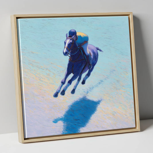 The Indigo Gallop polo horse canvas wall art in natural frame